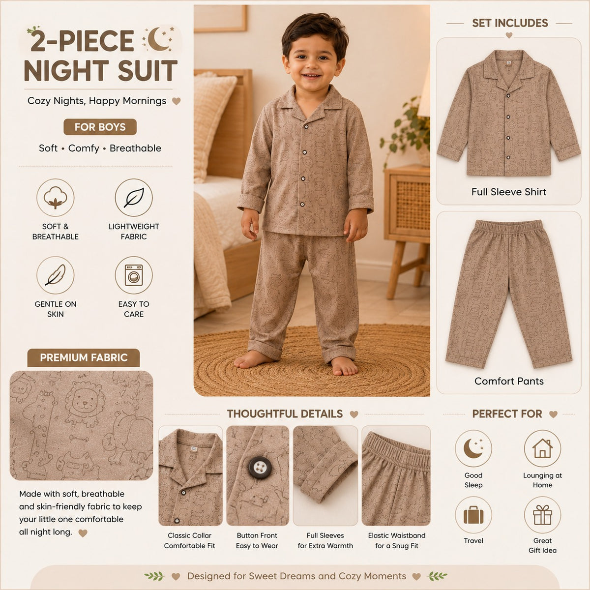 NUM NUM boys brown printed pajama set A+ infographic with animal doodle print, collared shirt, button opening and elastic waistband