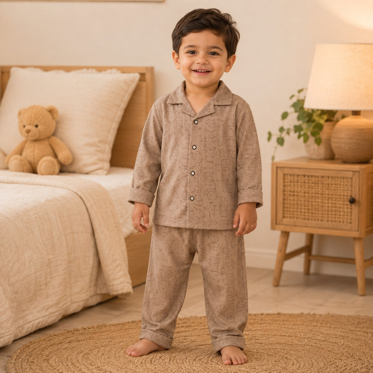 NUM NUM boys brown printed pajama set front view with full-sleeve collared shirt and matching full-length pants