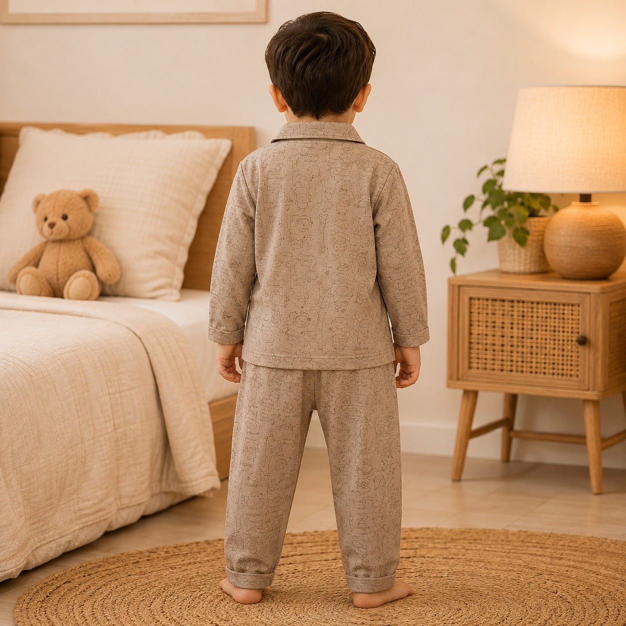 NUM NUM boys brown animal print pajama set back view showing full-sleeve shirt and matching pants