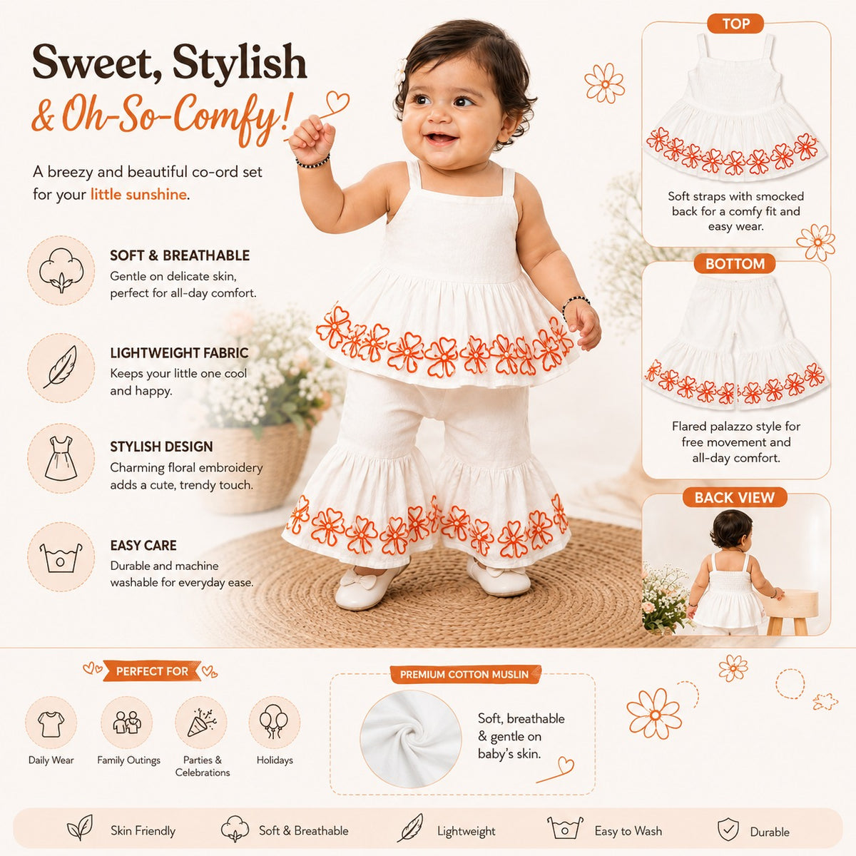 ROXY girls off white floral embroidered top and palazzo set product infographic with comfort and style details