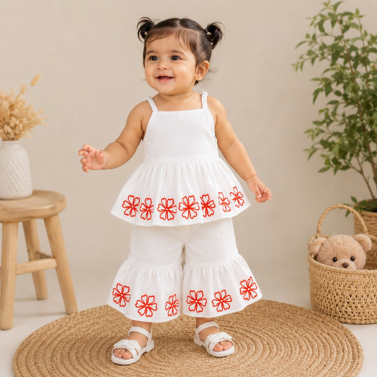 ROXY girls off white floral co-ord set with sleeveless flared top and wide-leg palazzo pants front view
