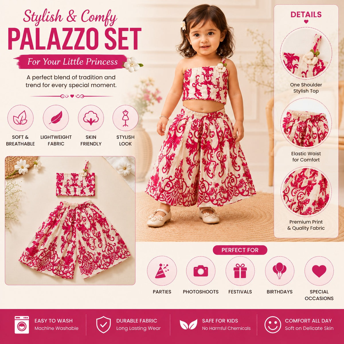 ROXY girls hot pink printed palazzo co-ord set product infographic with stylish top and palazzo pants