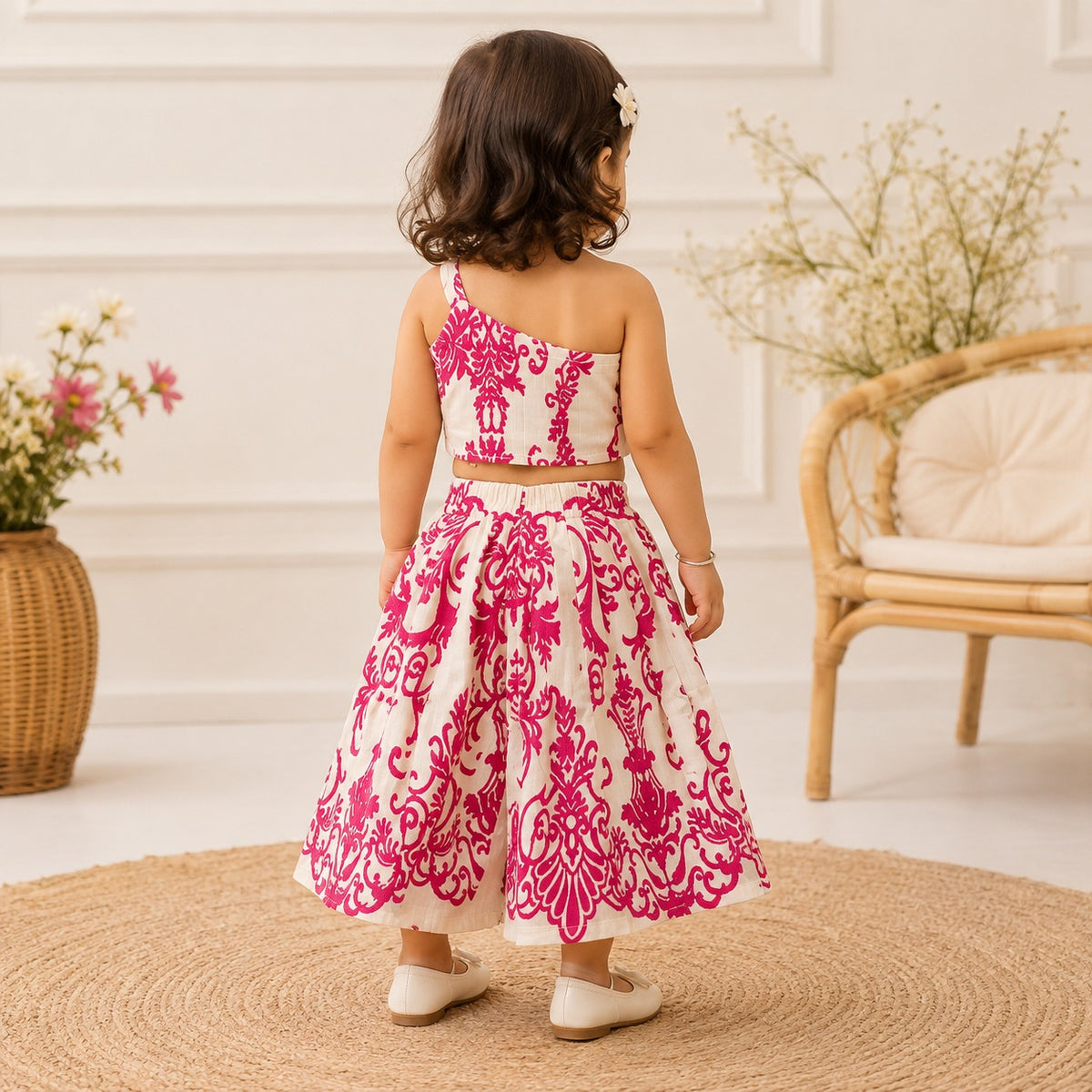 ROXY girls hot pink printed palazzo set back view showing one-shoulder top and elastic waist pants