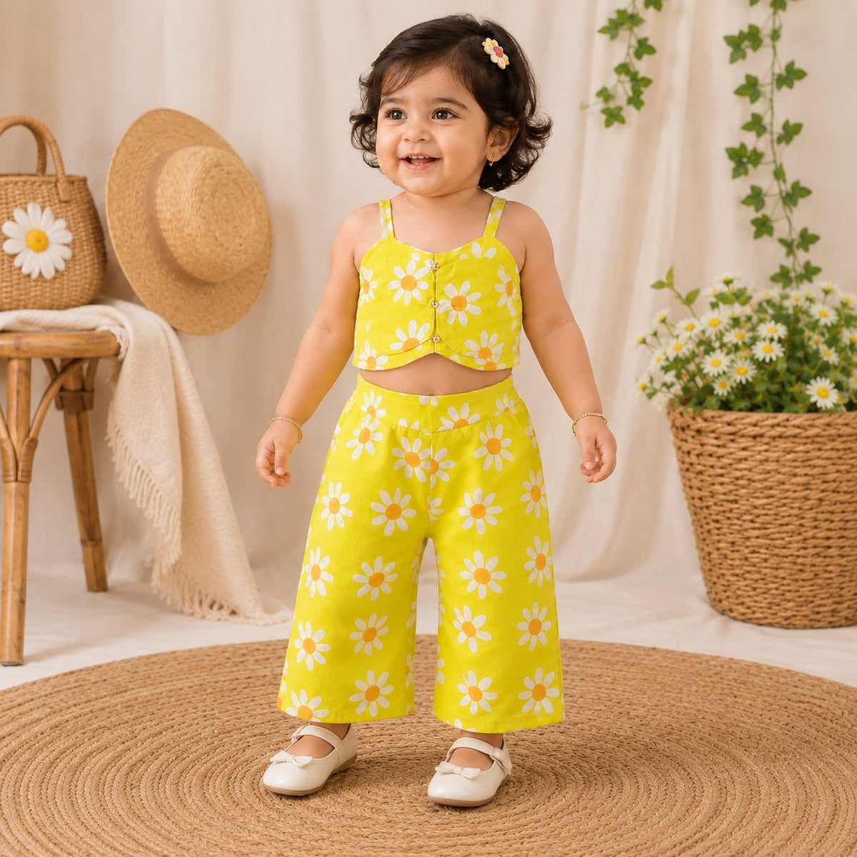 ROXY girls N.Green daisy print co-ord set with sleeveless top and wide-leg pants front view