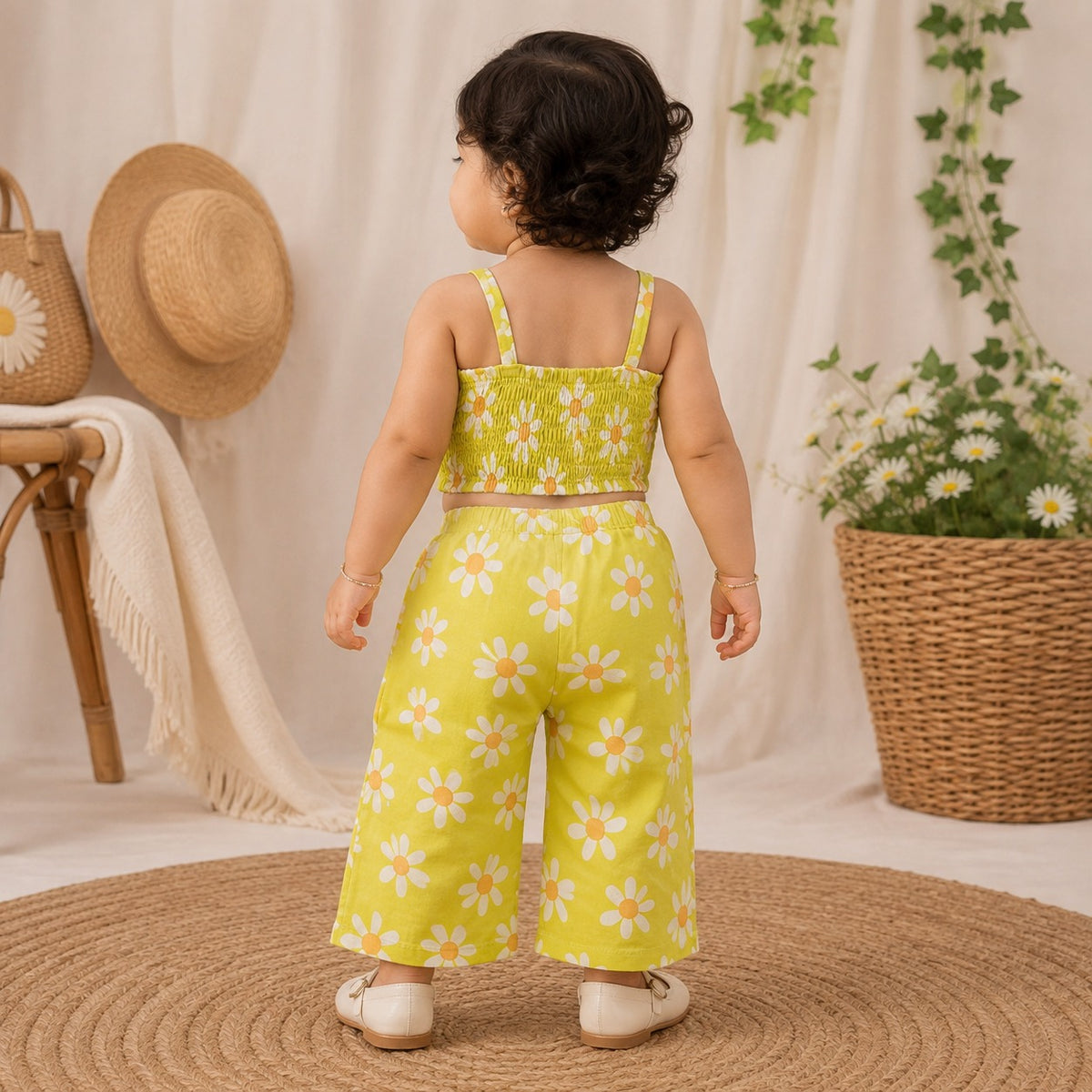 ROXY girls N.Green daisy print co-ord set back view showing smocked back top and matching floral pants