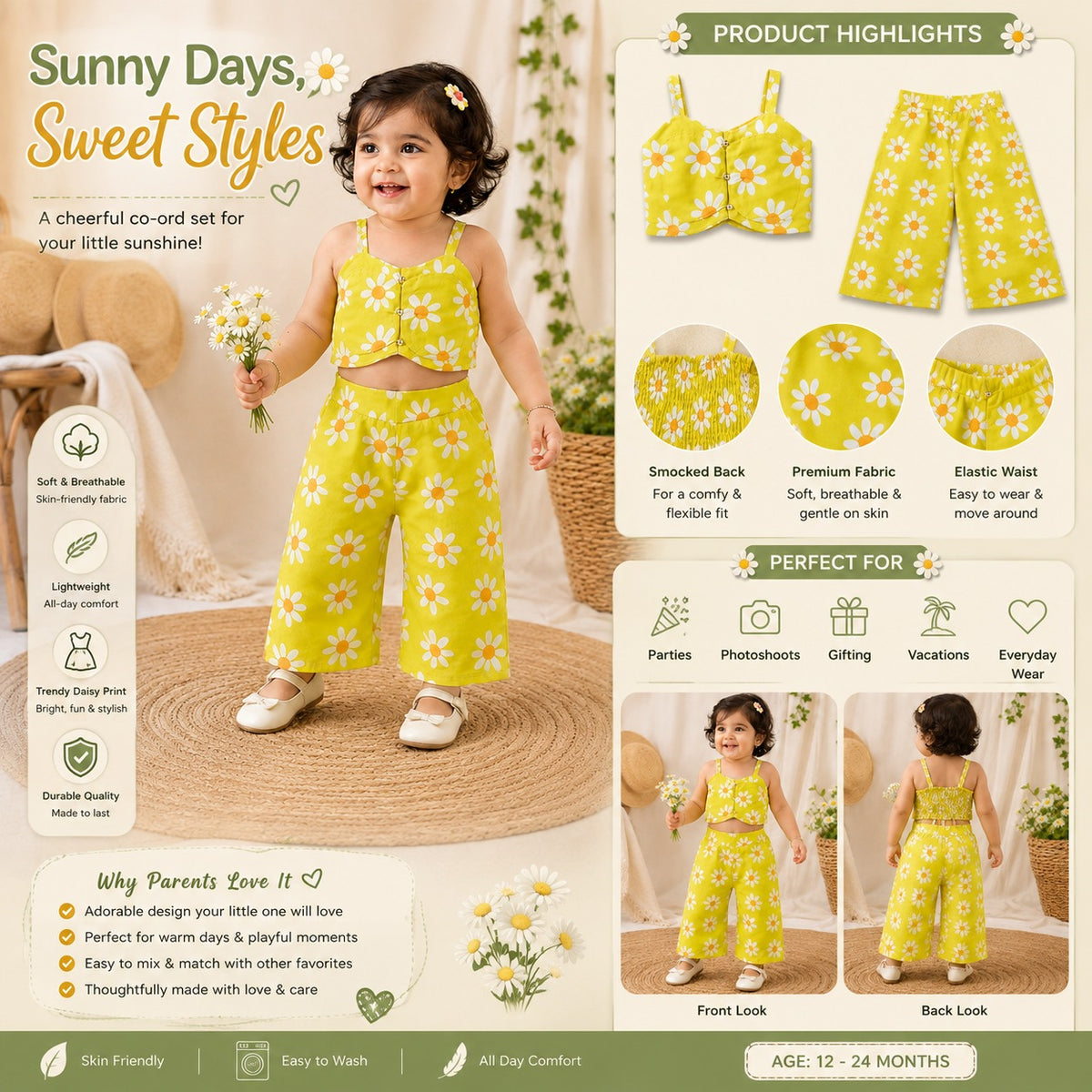 ROXY girls N.Green floral co-ord outfit product infographic with daisy print top and matching wide-leg pants
