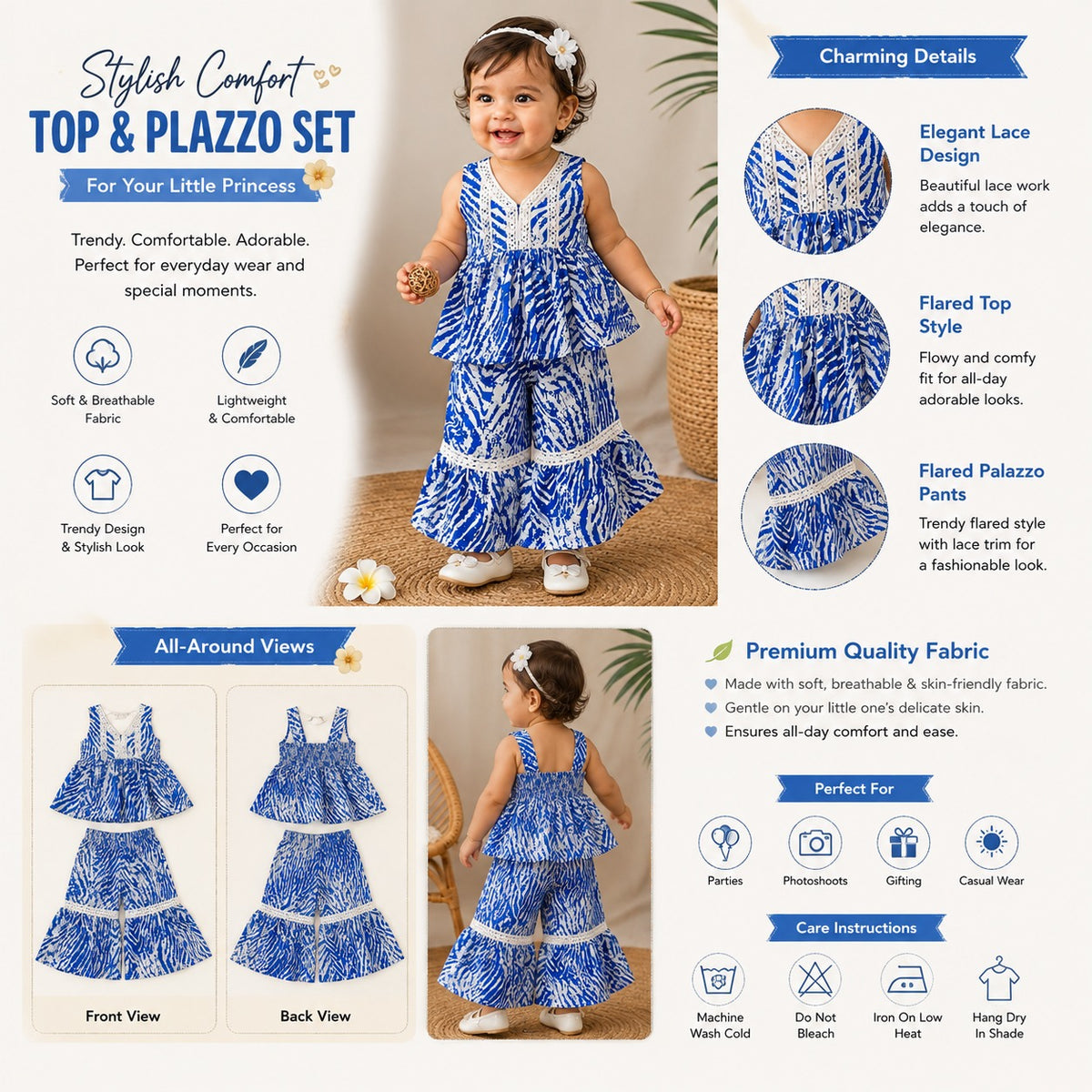 ROXY girls R.Blue top and palazzo set product infographic with lace details and comfort features
