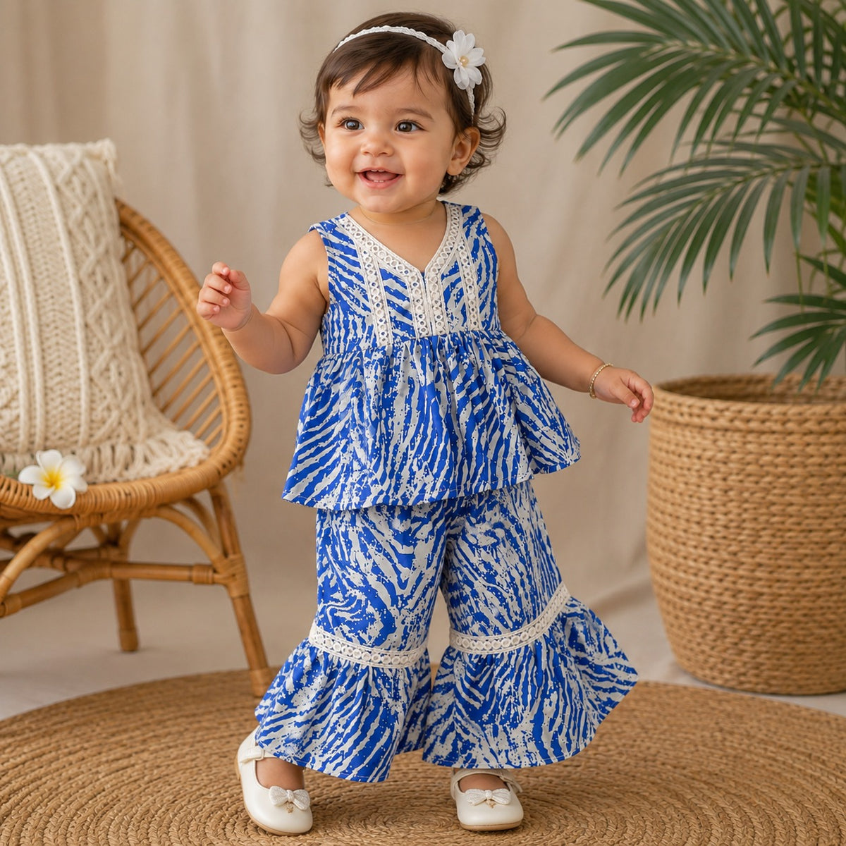 ROXY girls R.Blue printed top and palazzo set front view with sleeveless flared top and lace-trimmed pants