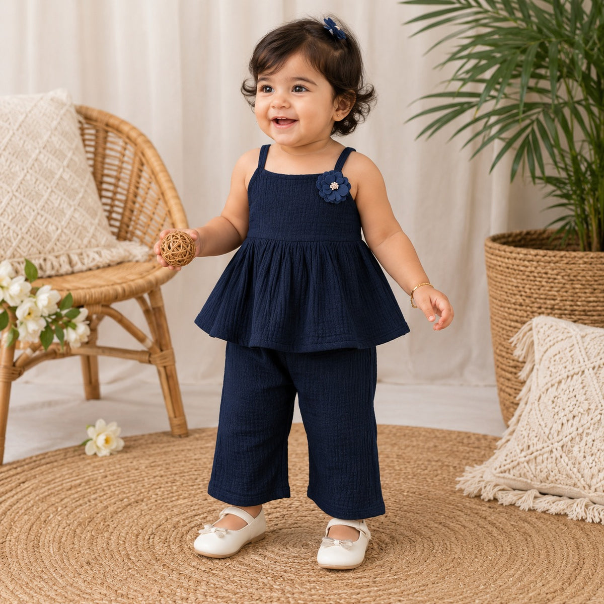 ROXY girls navy blue textured two-piece co-ord set with floral detail top and wide-leg pants front view