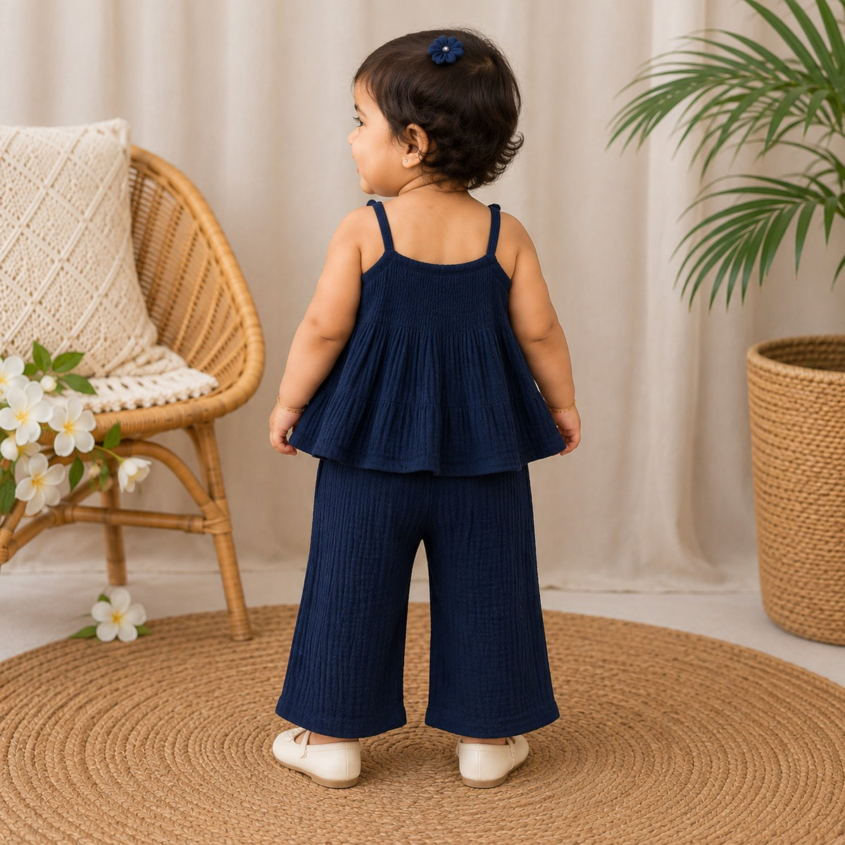 ROXY girls navy blue textured co-ord set back view with sleeveless flared top and matching wide-leg pants