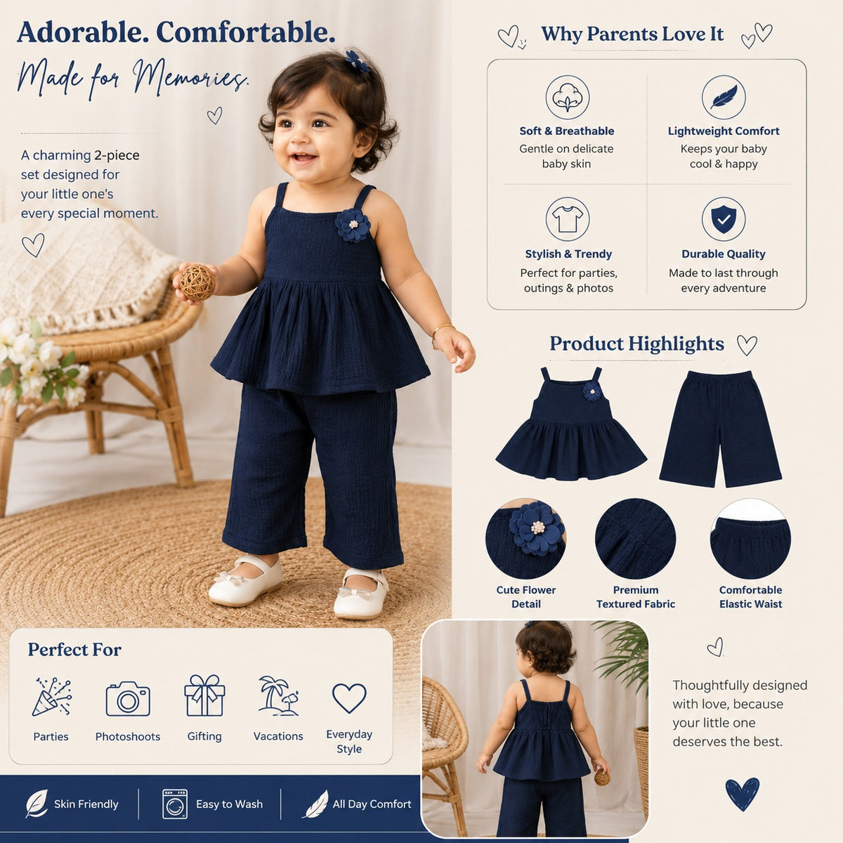 ROXY girls navy blue two-piece outfit product infographic featuring textured top, floral applique and comfortable pants