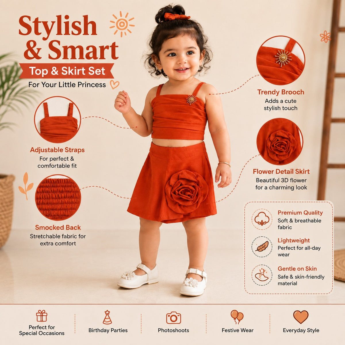 ROXY girls top and skirt set product infographic showing adjustable straps and 3D flower detail