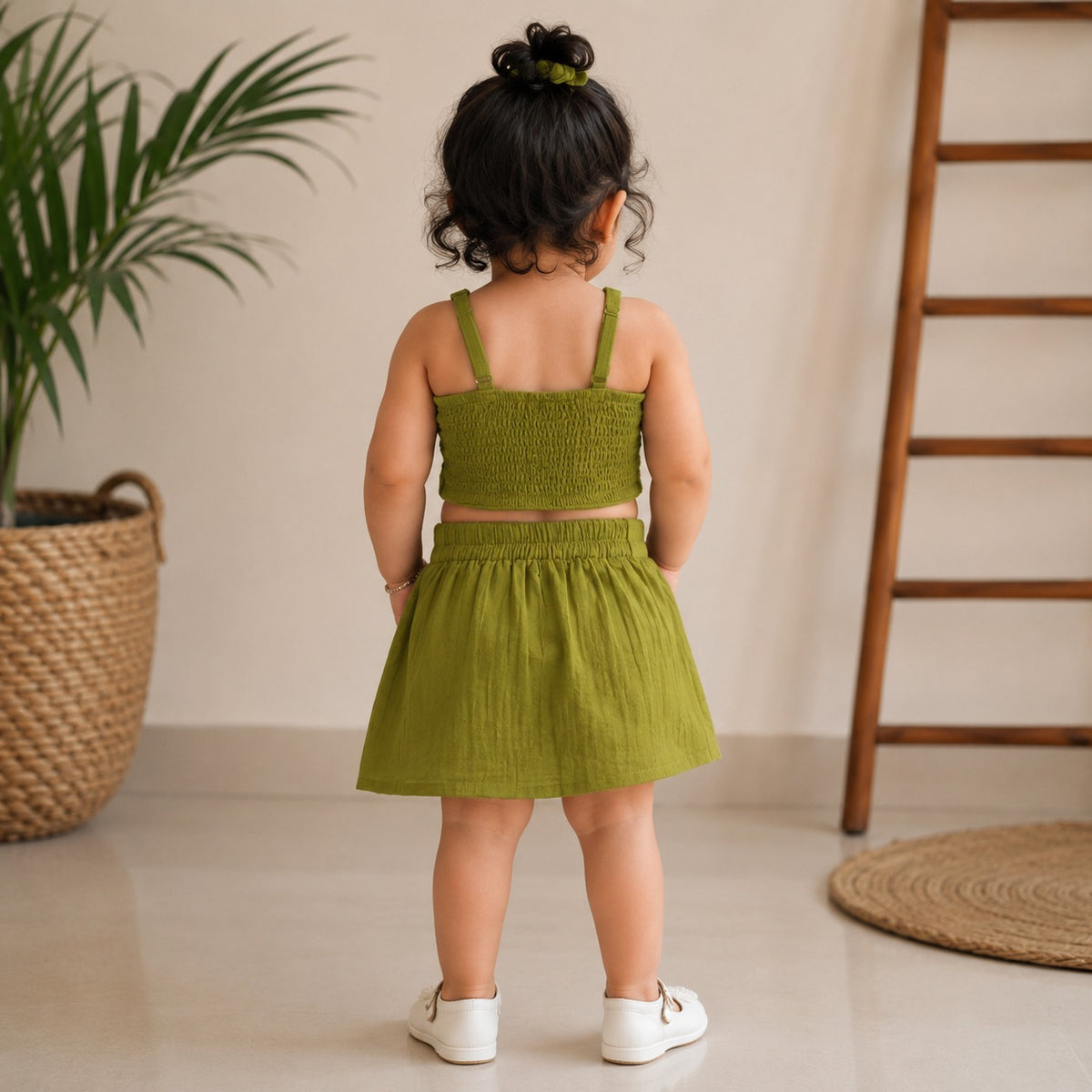 ROXY girls N.Green top and skirt set back view with smocked top and elastic waist