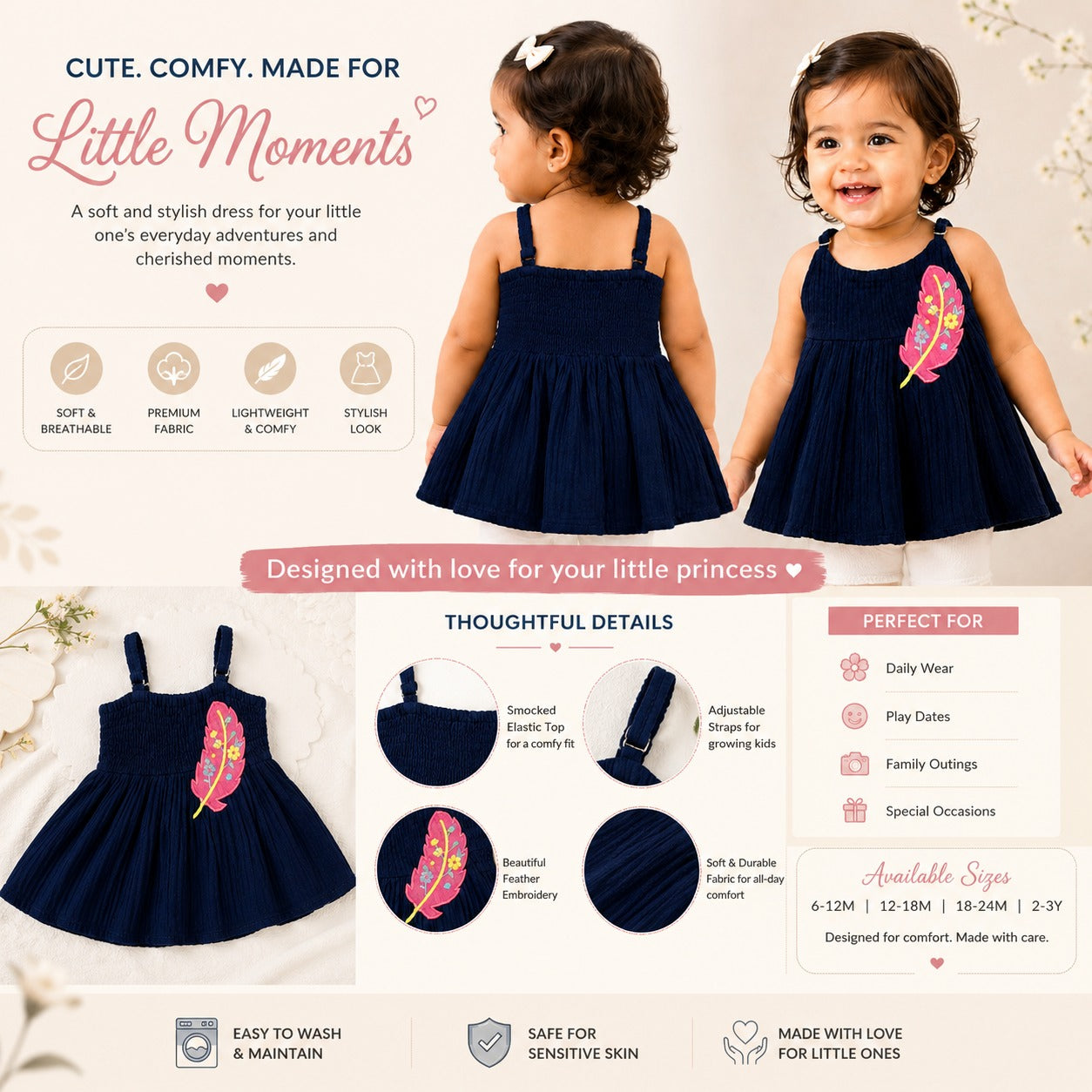 REVERSE X-TREME girls dark blue feather embroidered top product infographic with adjustable straps and smocked bodice