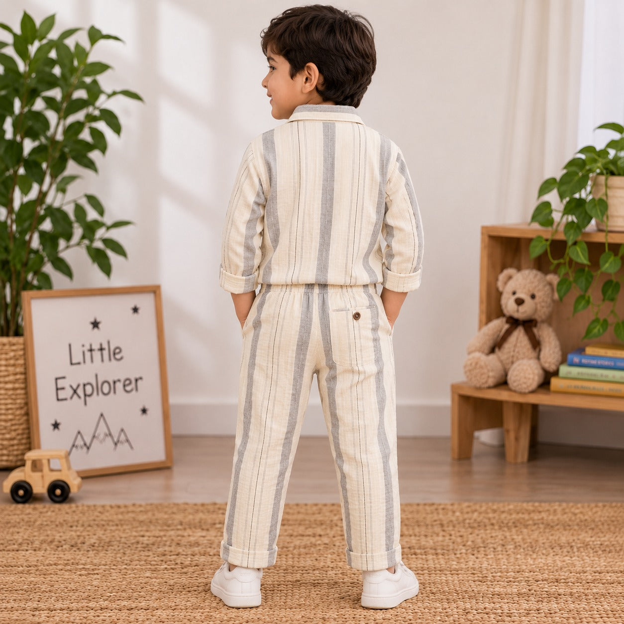 NUM NUM boys striped pajama set back view with full-sleeve shirt and matching pants