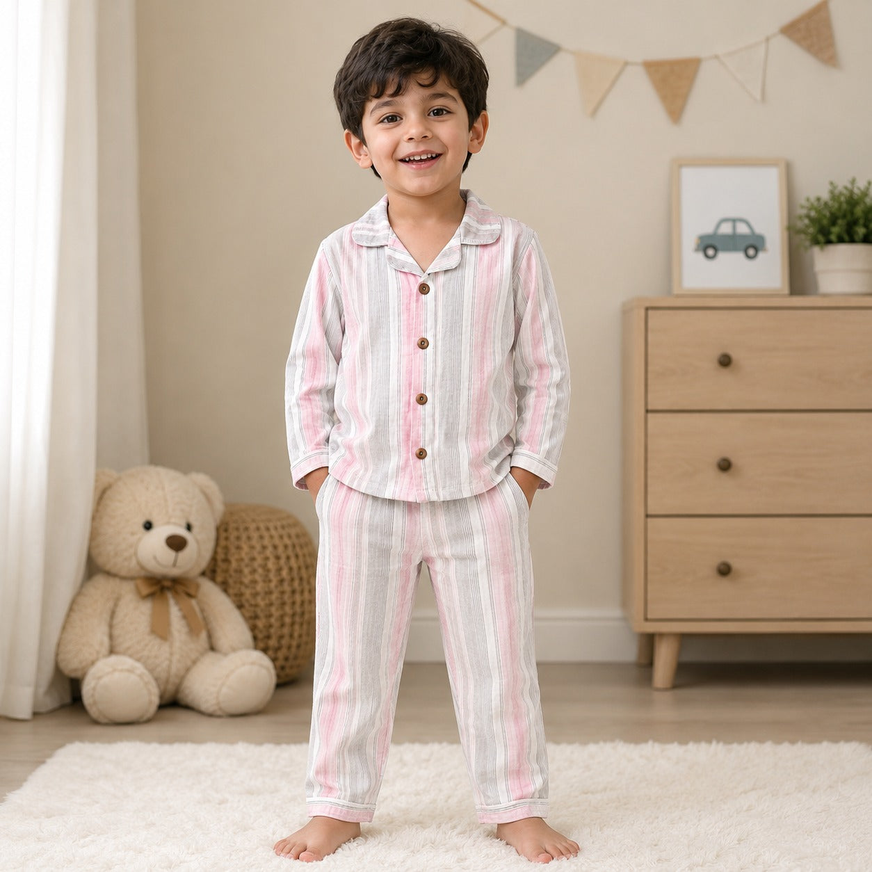 NUM NUM girls pink striped pajama set front view with button-down collar shirt and matching striped pants