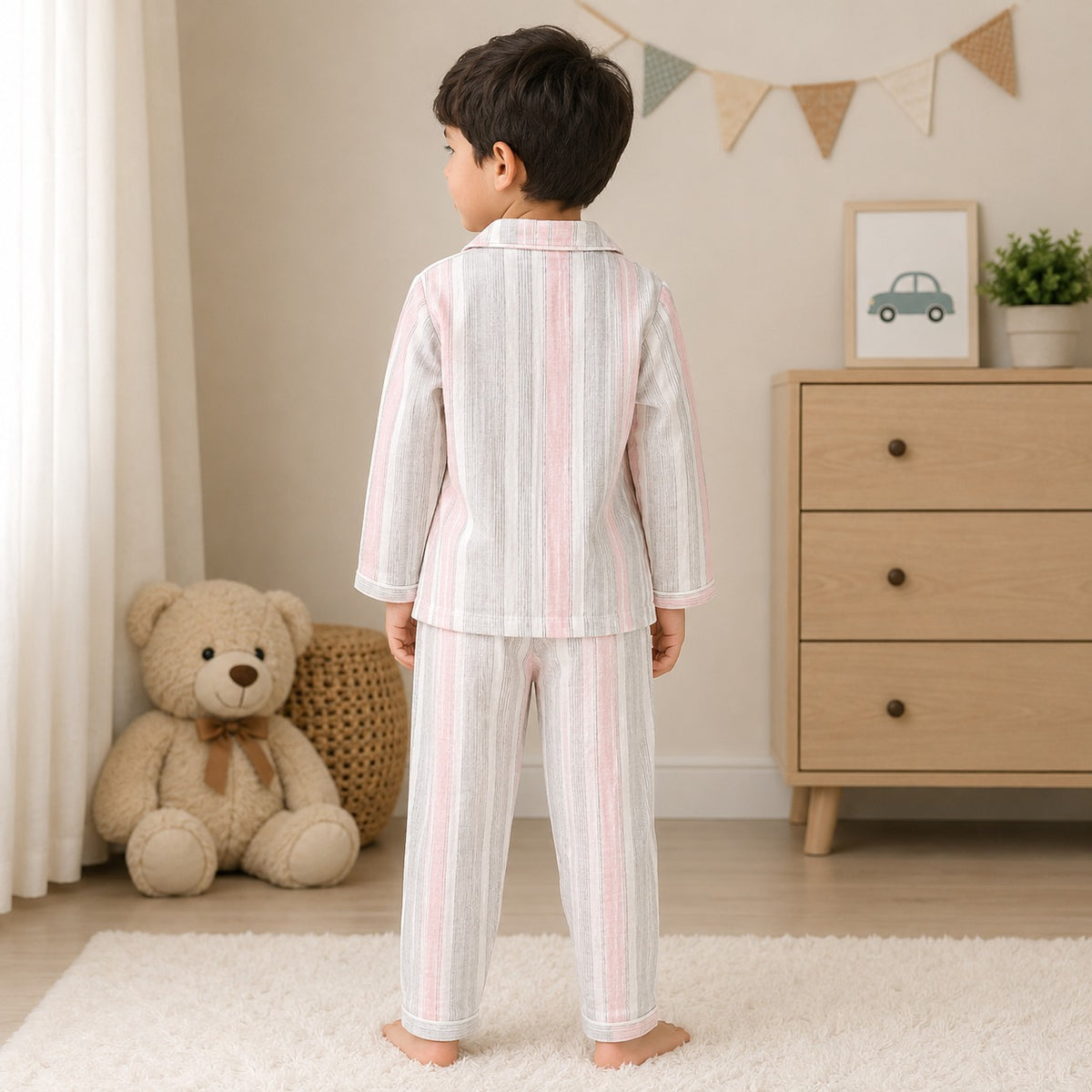 NUM NUM girls pink striped pajama set back view with full-sleeve top and matching pants