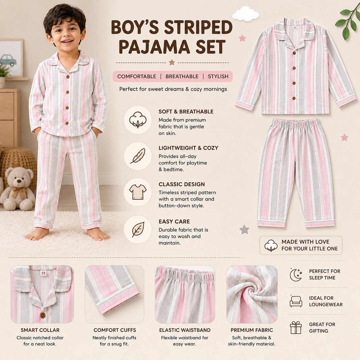 NUM NUM kids striped pajama set product infographic showing soft fabric, comfortable fit and classic striped design