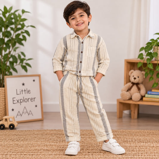 NUM NUM boys striped pajama set front view with button-down shirt, collar and matching pants