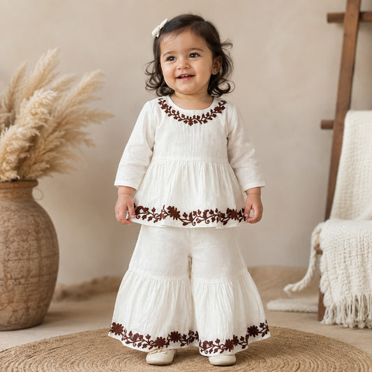 REVERSE X-TREME girls off white embroidered kurta palazzo set front view with floral detailing, 9M to 4Y