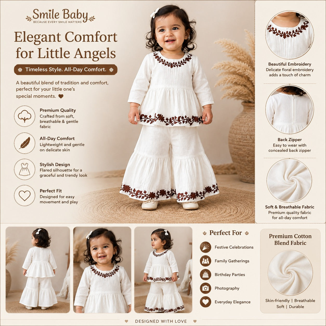 REVERSE X-TREME girls off white ethnic kurta palazzo set product infographic with embroidery, comfort and fabric details