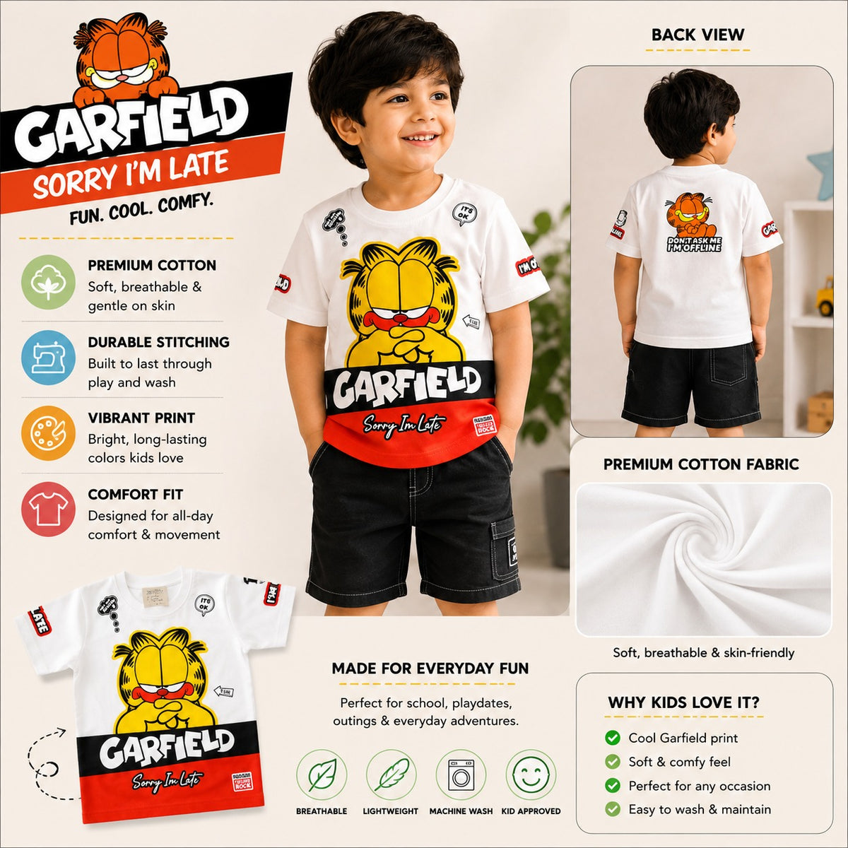 SKETCH Boys Garfield Graphic T-Shirt – Green & White | 18M–12Y 