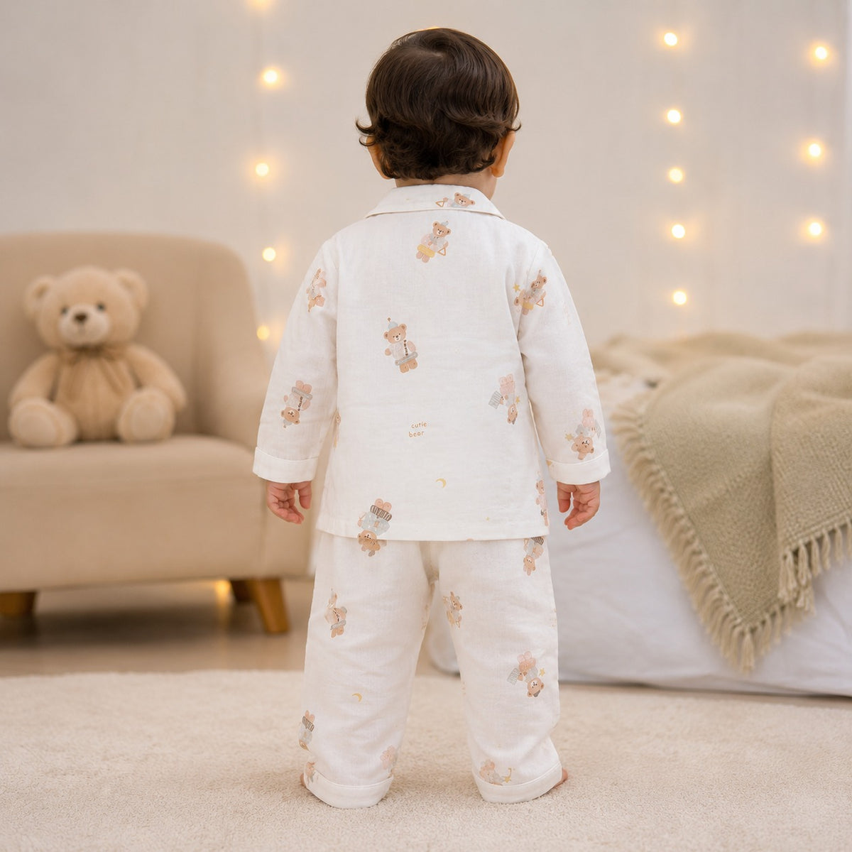 NUM NUM boys cream teddy bear printed night suit back view with full-sleeve pajama shirt and matching pants
