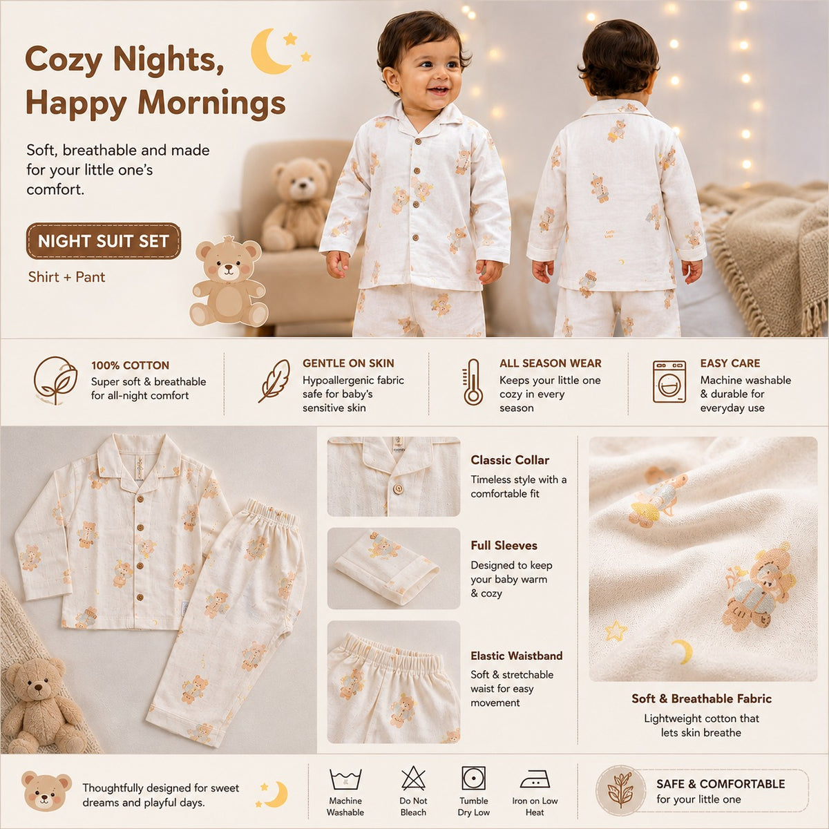 NUM NUM boys cream teddy bear night suit product infographic with cotton fabric, full sleeves and elastic waistband