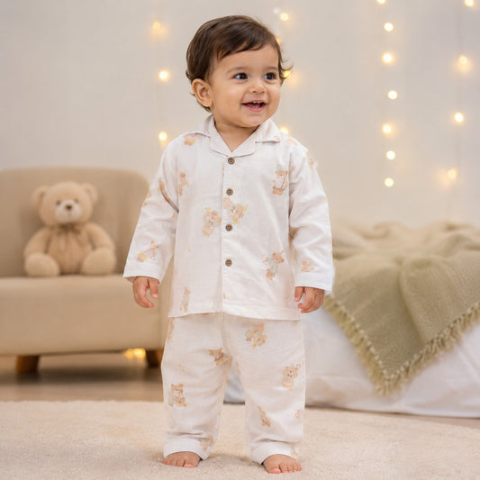 NUM NUM boys cream teddy bear printed night suit front view with button-down shirt, classic collar and full-length pajama pants