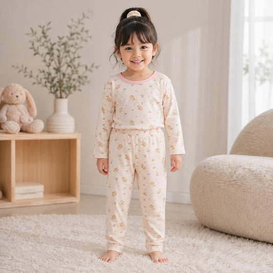 Smile Baby girl wearing cream printed full sleeve night suit and matching pajama, comfortable girls sleepwear for ages 1 to 10 years