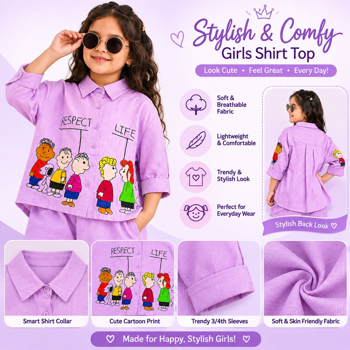 Reverse X-Treme girls purple shirt top with cartoon print, smart collar and 3/4 sleeves product infographi
