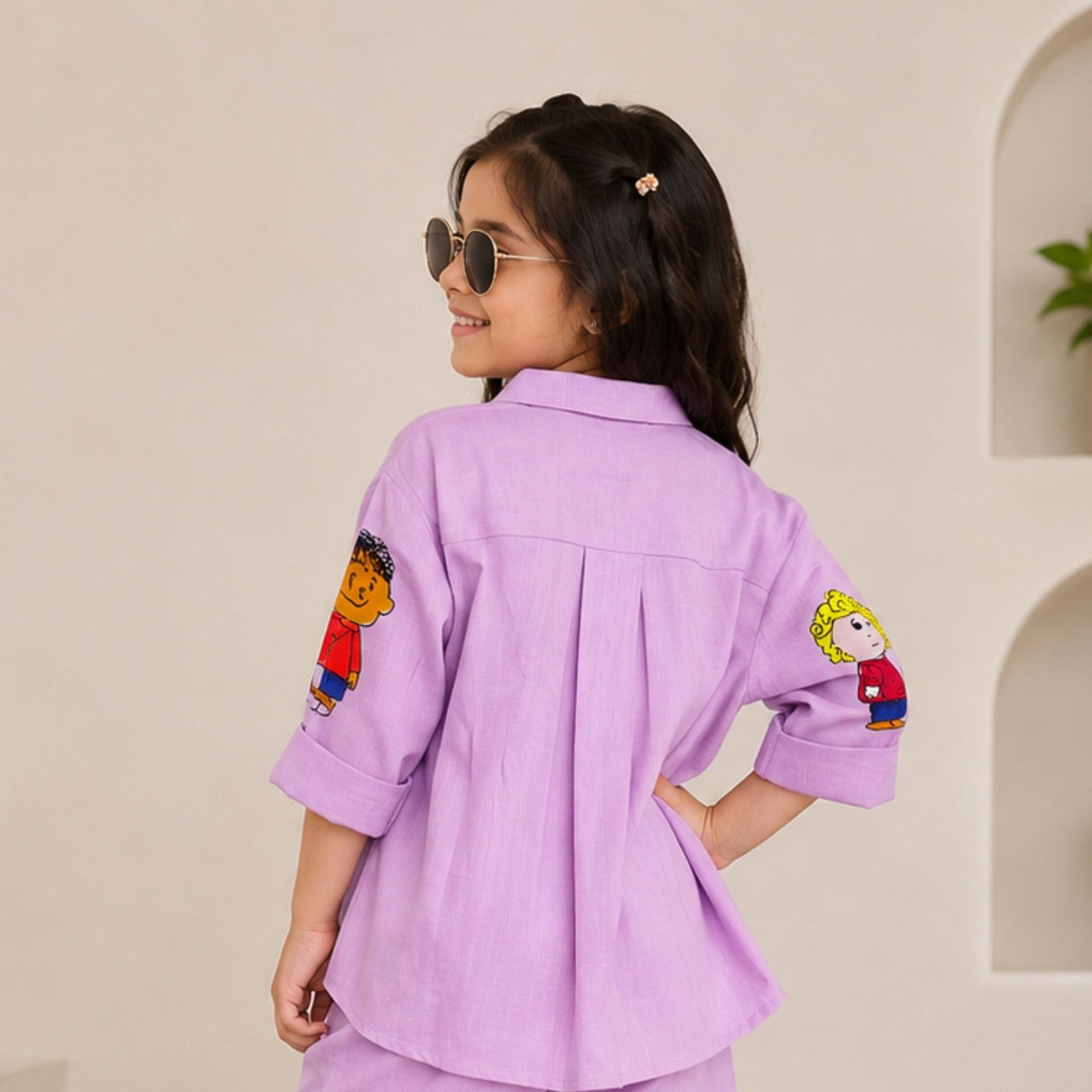 Reverse X-Treme girls purple cartoon print shirt top back view with 3/4 sleeves