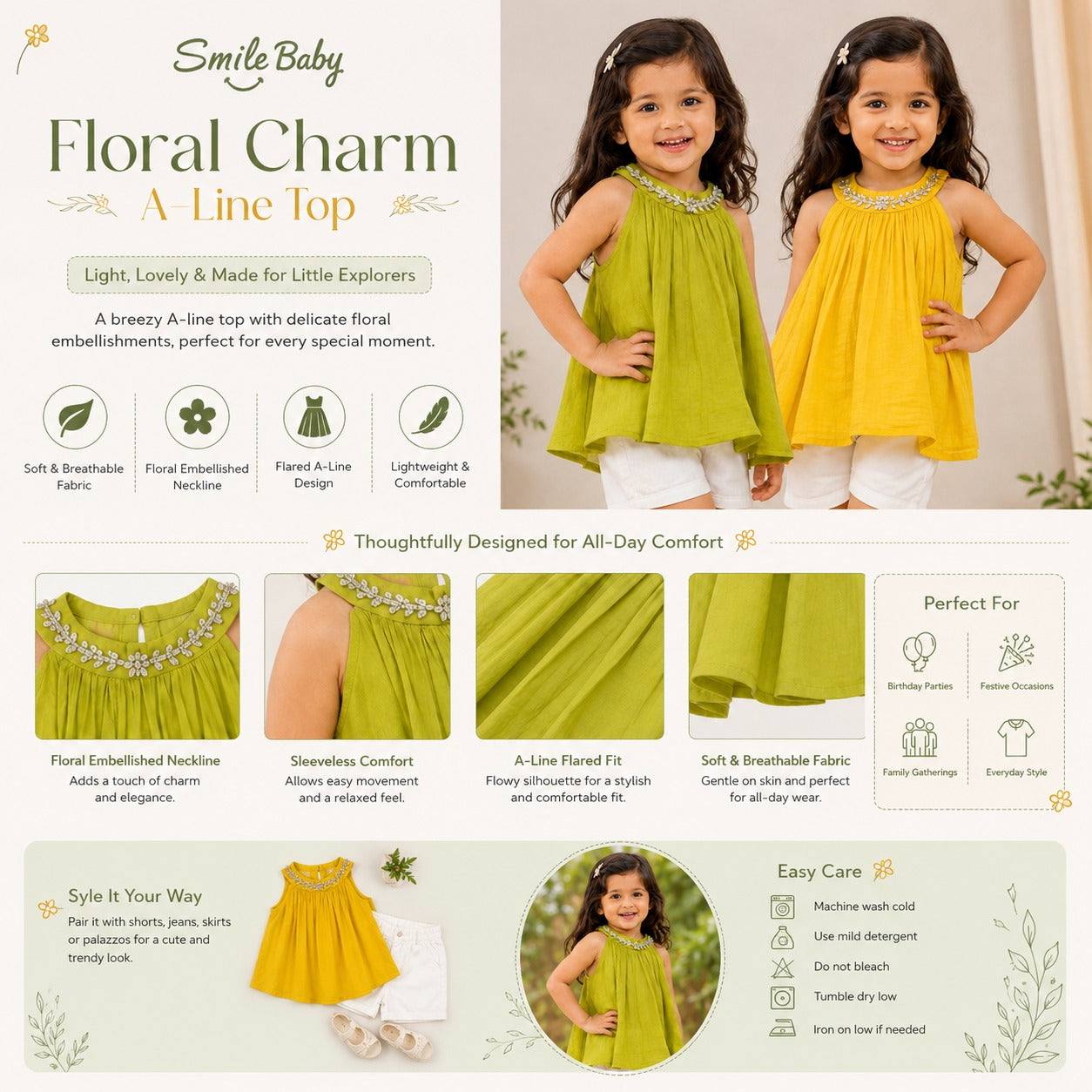 Reverse X-Treme girls floral A-line sleeveless top in N.Green and Yellow with embellished neckline product infographic