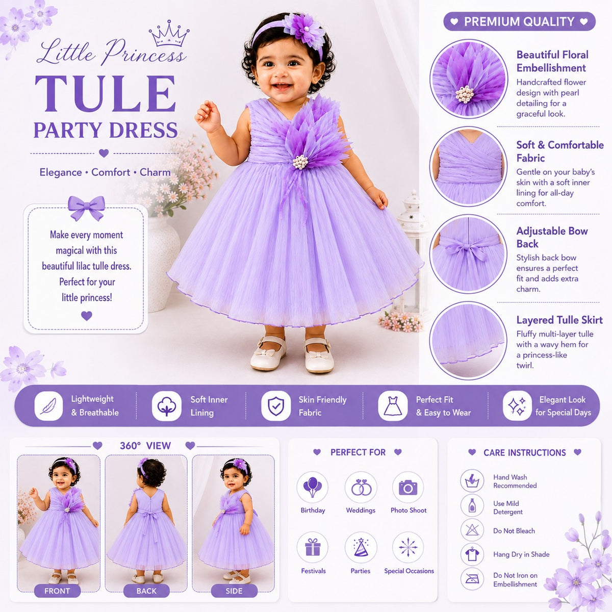 VANILLA Girls Party Frock with Hair Band | Purple & Peach Tulle Dress | Baby Girl Birthday & Special Occasion Dress | 6 Months–2 Years 