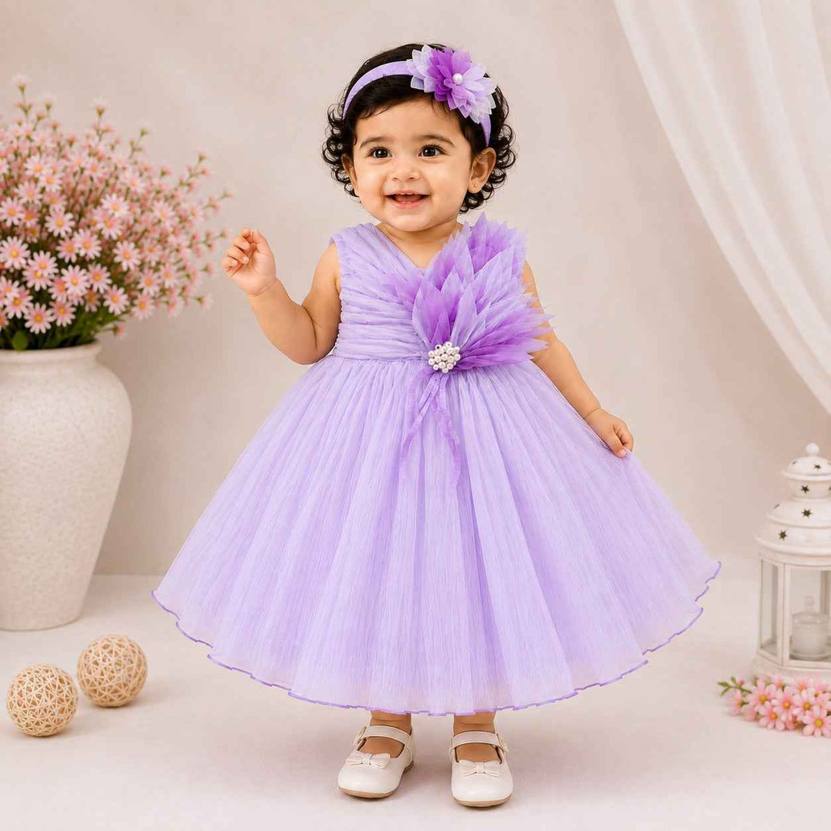VANILLA Girls Party Frock with Hair Band | Purple & Peach Tulle Dress | Baby Girl Birthday & Special Occasion Dress | 6 Months–2 Years