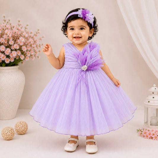 VANILLA Girls Party Frock with Hair Band | Purple & Peach Tulle Dress | Baby Girl Birthday & Special Occasion Dress | 6 Months–2 Years