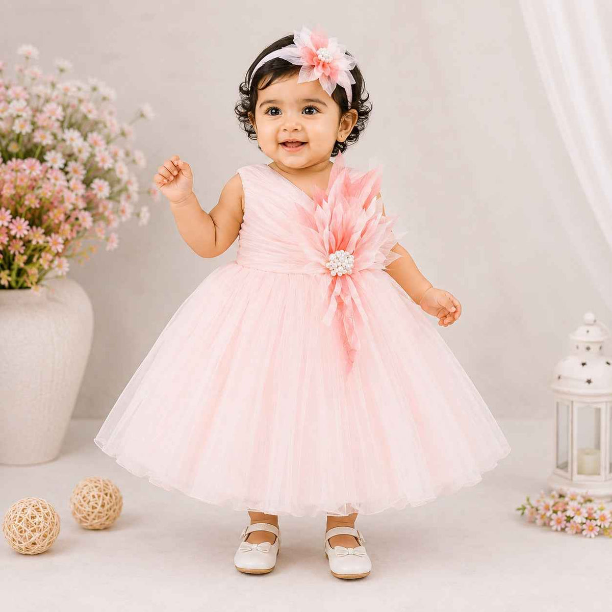 VANILLA Girls Party Frock with Hair Band | Purple & Peach Tulle Dress | Baby Girl Birthday & Special Occasion Dress | 6 Months–2 Years