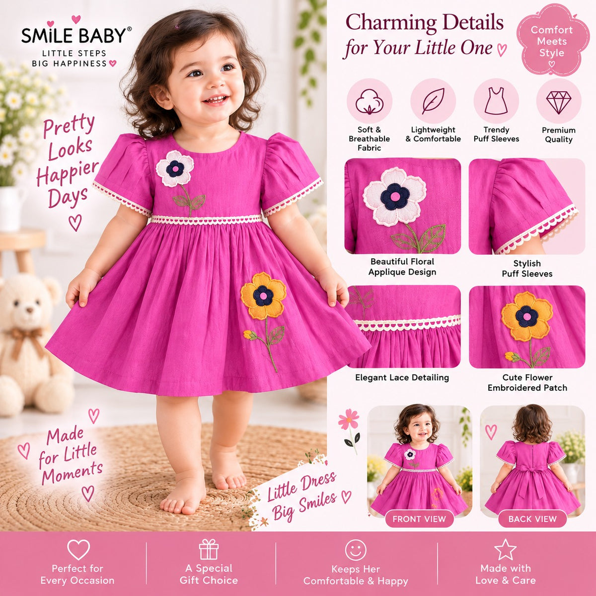 JUST TOTS Girls Floral Frock Dress | Puff Sleeve Party Dress with Flower Embroidery for Girls 9 Months to 4 Years 