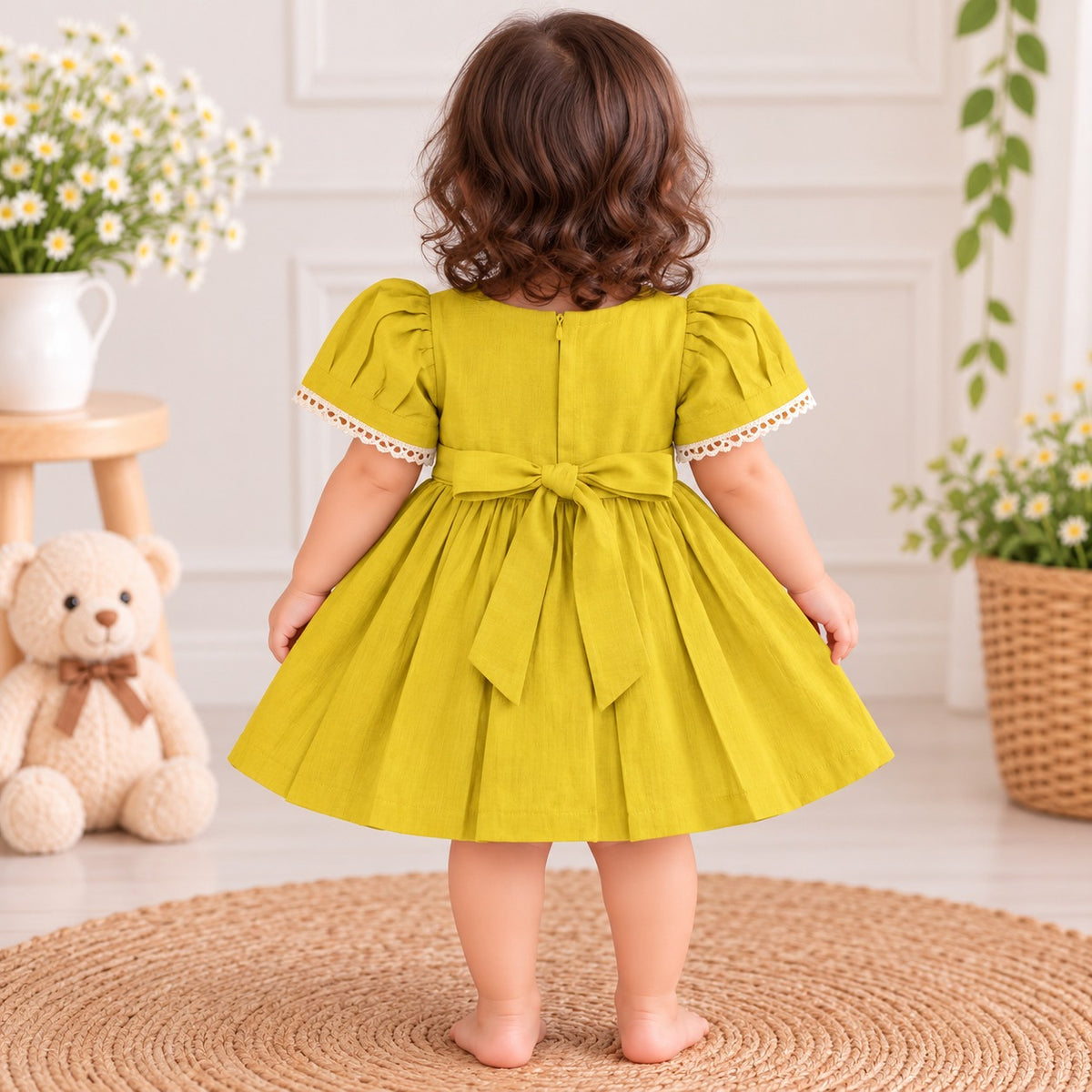 JUST TOTS Girls Floral Frock Dress | Puff Sleeve Party Dress with Flower Embroidery for Girls 9 Months to 4 Years 