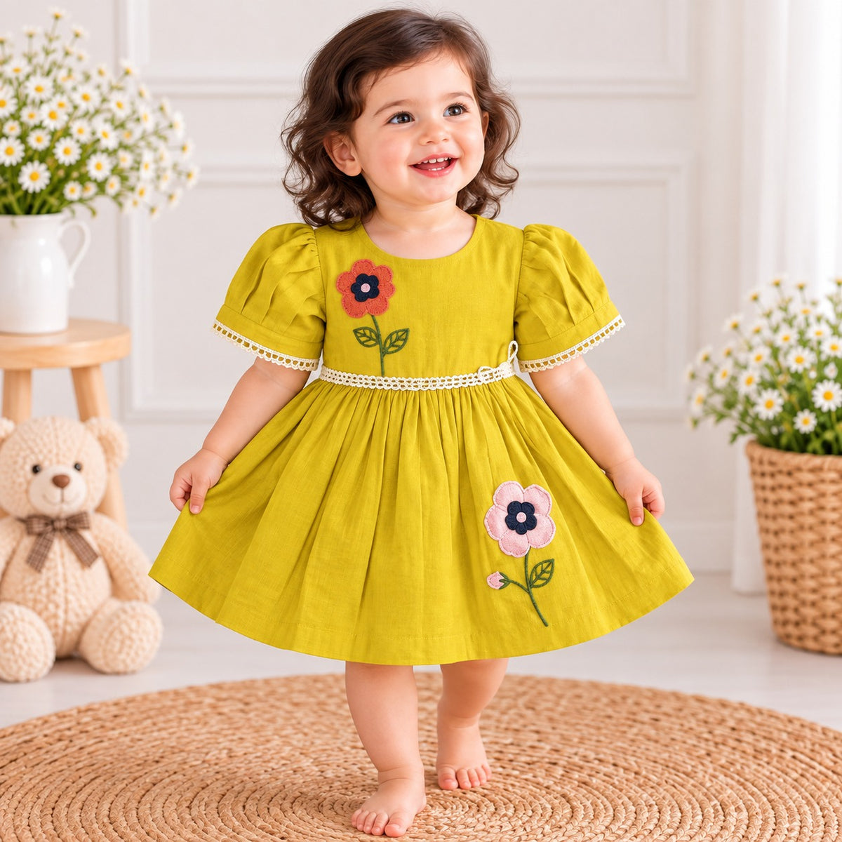 JUST TOTS Girls Floral Frock Dress | Puff Sleeve Party Dress with Flower Embroidery for Girls 9 Months to 4 Years 