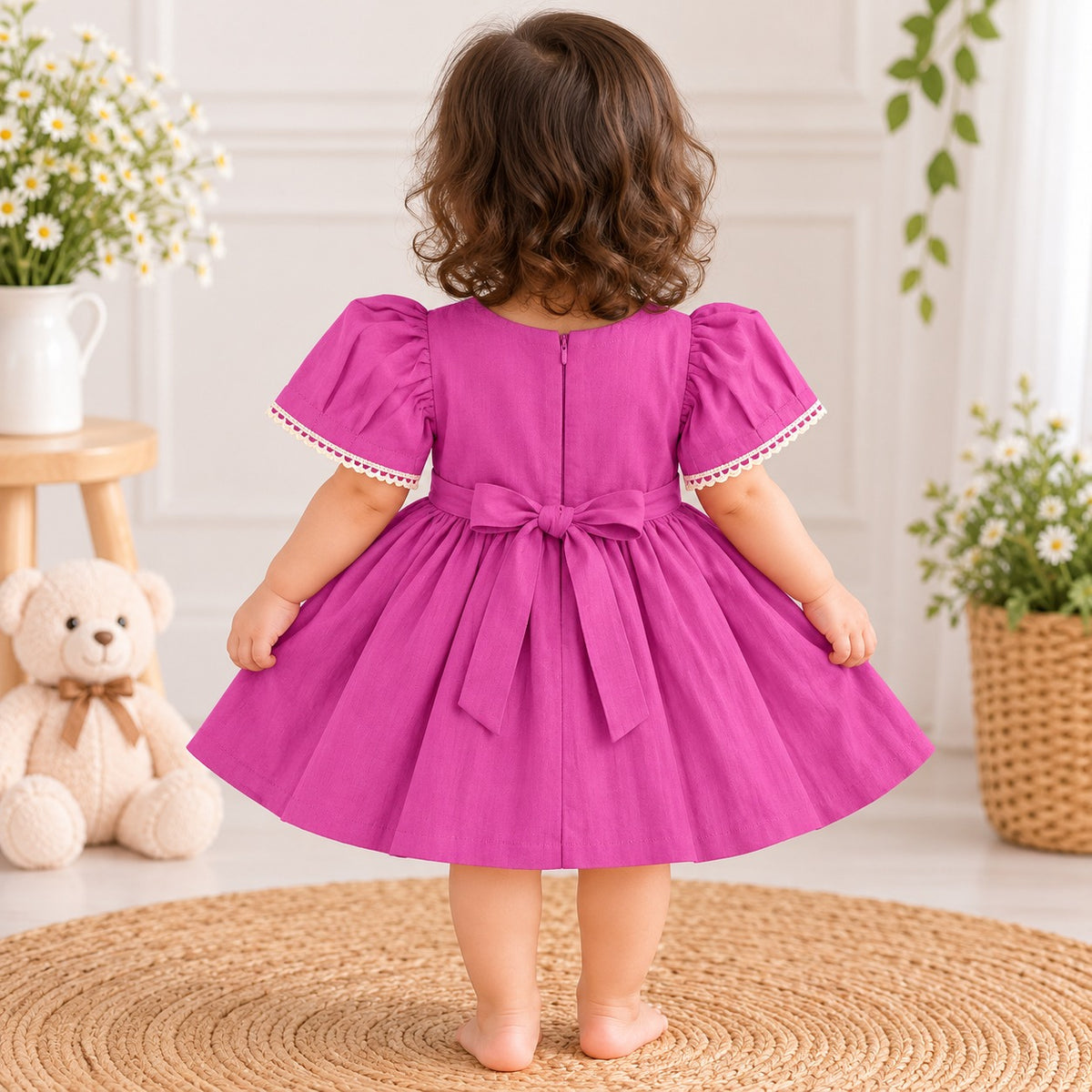 JUST TOTS Girls Floral Frock Dress | Puff Sleeve Party Dress with Flower Embroidery for Girls 9 Months to 4 Years 
