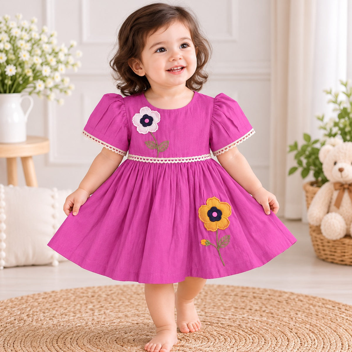 JUST TOTS Girls Floral Frock Dress | Puff Sleeve Party Dress with Flower Embroidery for Girls 9 Months to 4 Years 