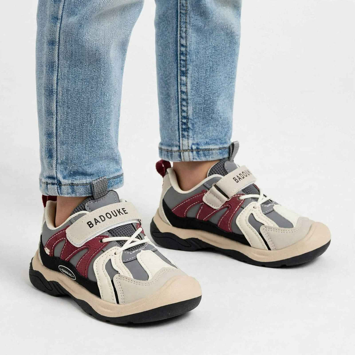 SMILE BABY Boys Grey & Maroon Chunky Sneakers with Velcro Strap