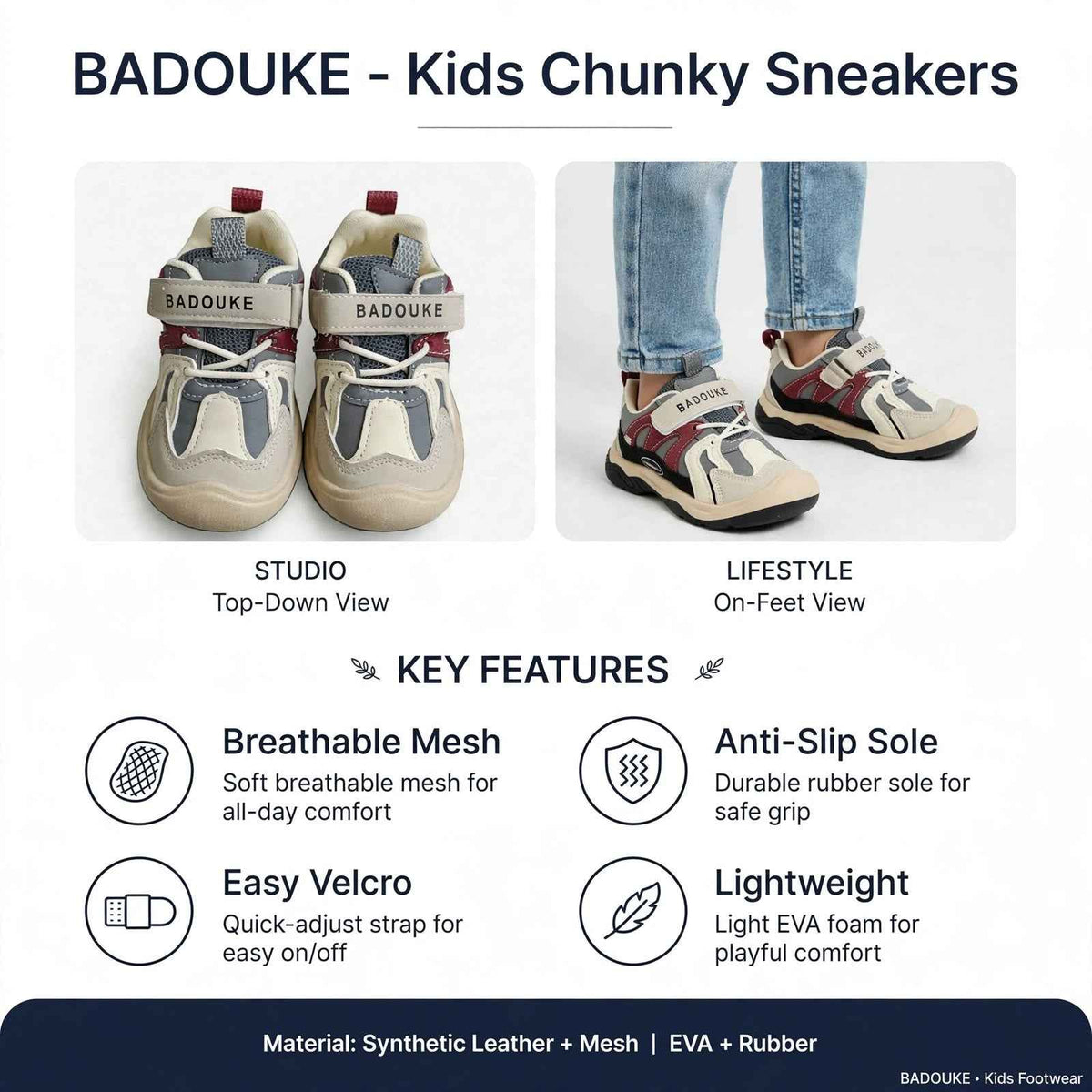 SMILE BABY Boys Grey & Maroon Chunky Sneakers with Velcro Strap