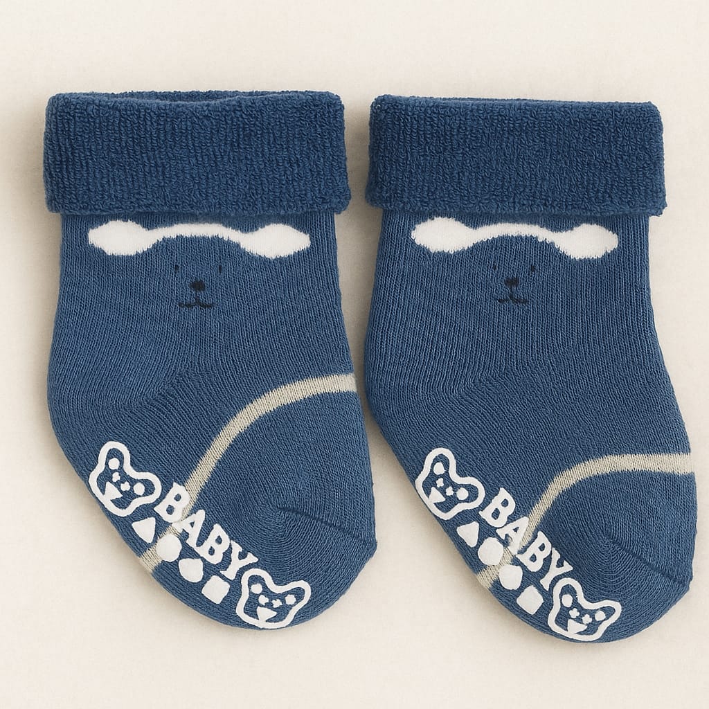 Smile Baby Unisex Anti-Slip Cotton Baby Socks – Soft, Cozy & Stretchable Infant Socks (Pack of 3 – Blue, Peach & Pink Bear Design)