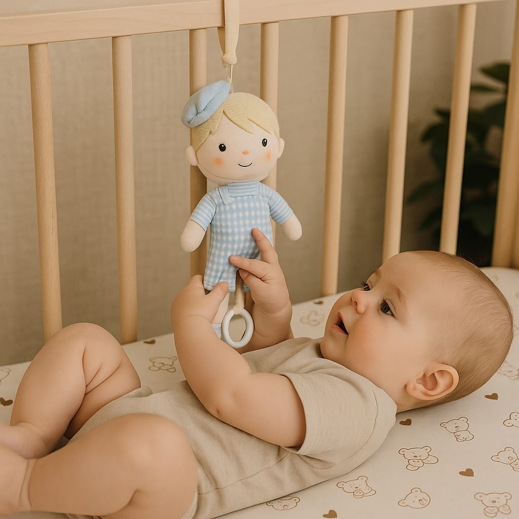 Smile Baby Musical Hanging Toy for Stroller & Crib | Soft Plush Boy Doll in Blue | Engaging Rattle Sound | Perfect for Newborns & Infants