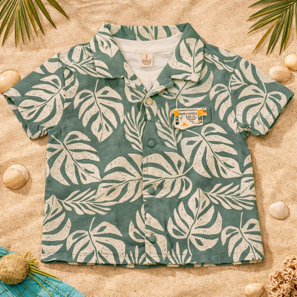 KIDZELLO Tropical Leaf Co-Ord Set for Boys (6M–3Y) – Summer Shirt & Shorts Outfit , S. Grey & Green