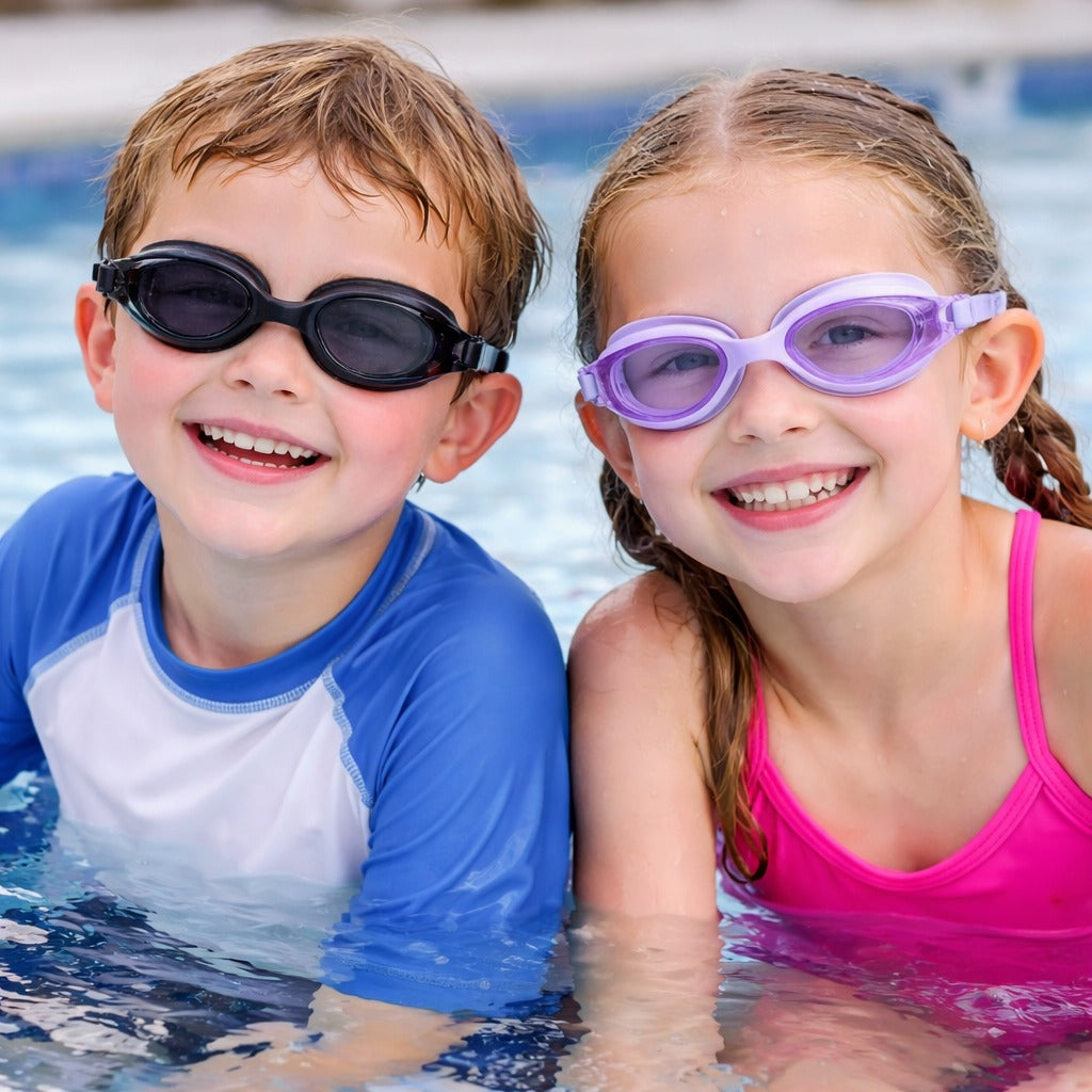 Smile Baby Kids Swimming Goggles with Anti-Fog Wide Vision Lens & Adjustable Strap | Soft Silicone Leak-Proof Seal | Comfortable Fit for Kids | Colors: Black, Blue, Purple, Grey, Pink & White