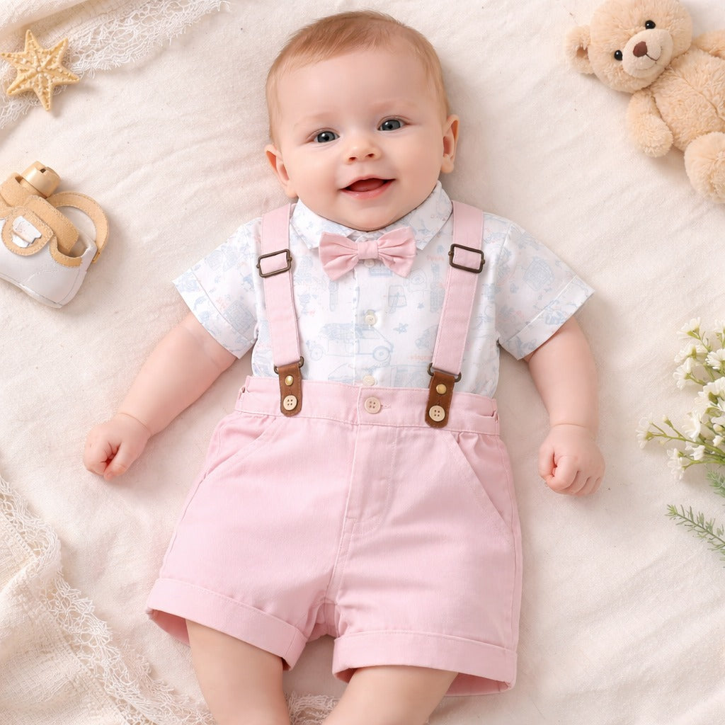 TOFFY HOUSE Baby Boys Pink Suspender Shorts Set with Bow Tie | Formal Party Outfit | 0 to 9 Months