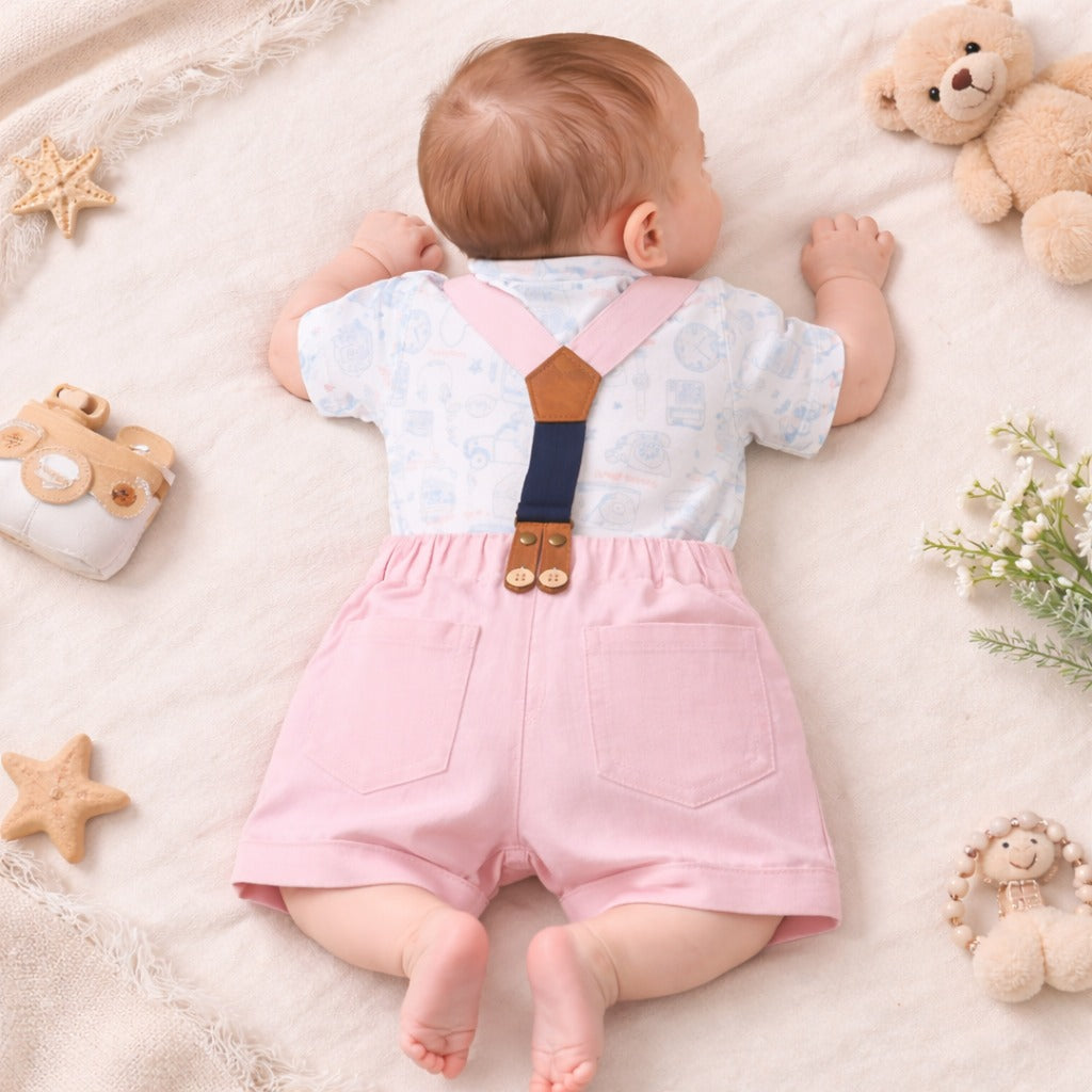 TOFFY HOUSE Baby Boys Pink Suspender Shorts Set with Bow Tie | Formal Party Outfit | 0 to 9 Months